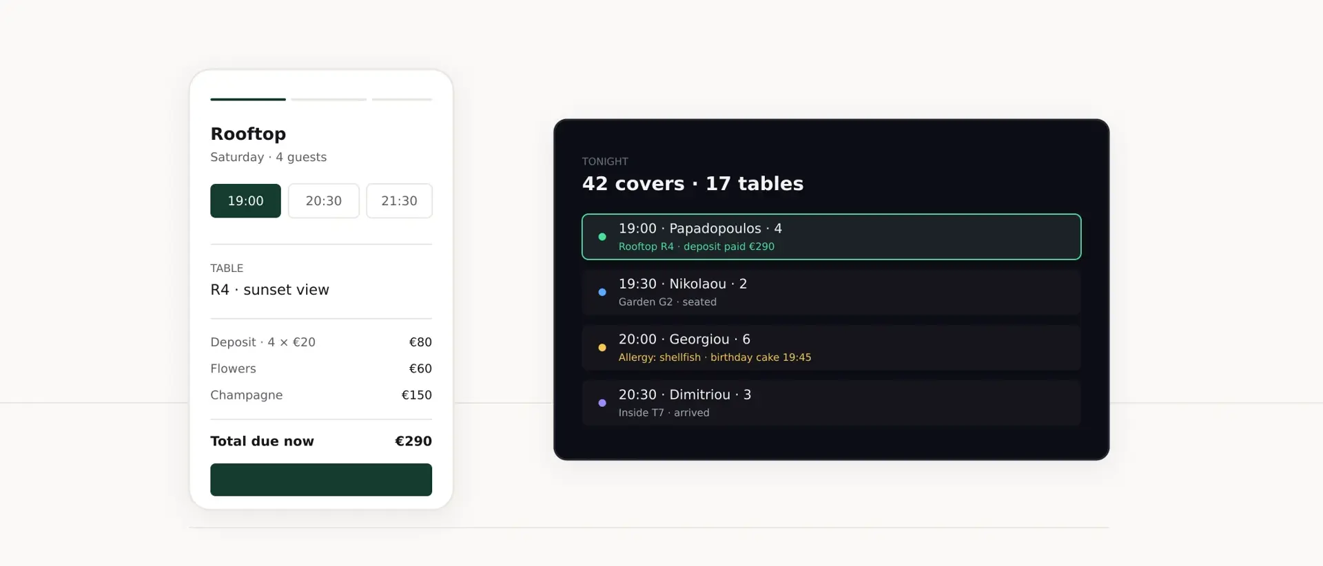 The booking form on a phone: time selection, area and deposit summary