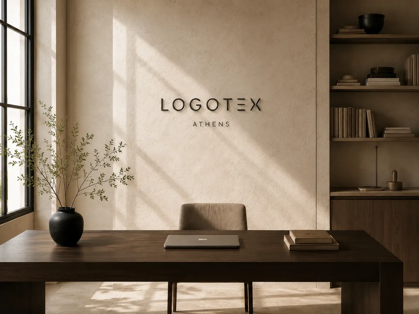 Το στούντιο της LogoTex στην Αθήνα — ξύλινο γραφείο, laptop και ράφια σε ζεστό φως παραθύρου