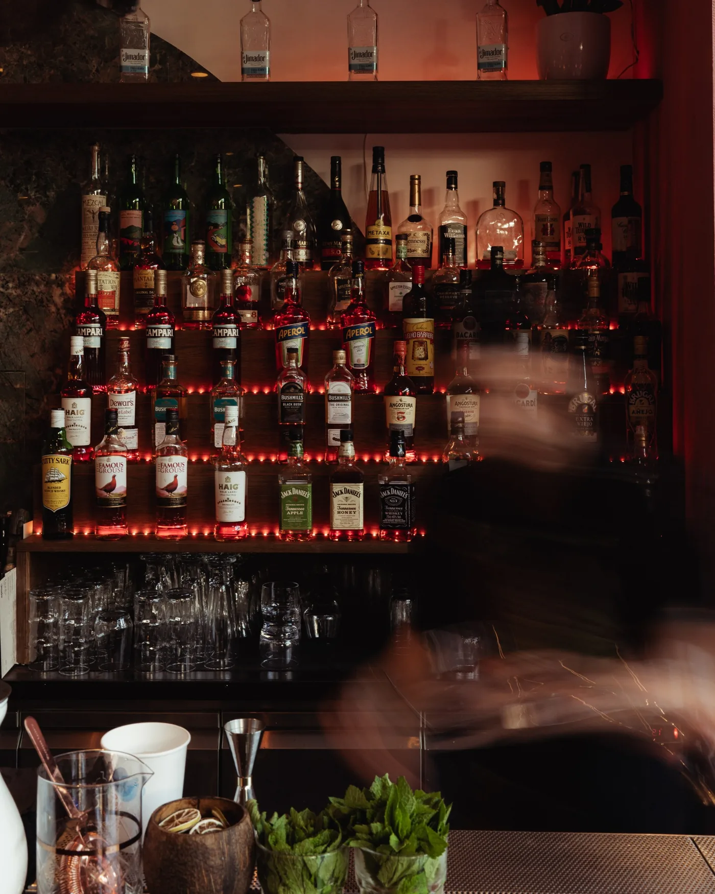 The back bar under red light